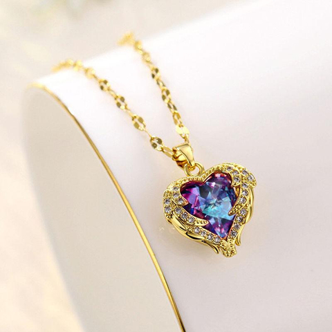 Titanium Steel Colorful Blue Heart Wing Necklace