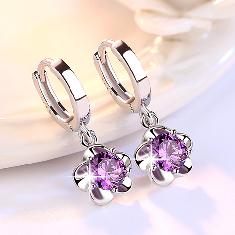 Sparkling Floral Hoop Earrings | Purple CZ Flower Drop Earrings | Romantic Bridal Jewelry