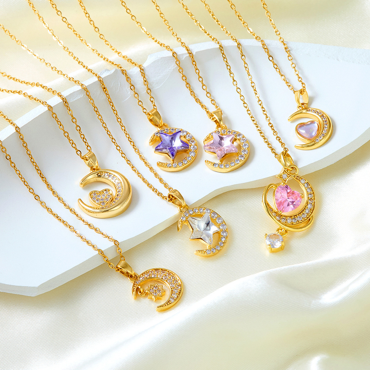 Fashion Gold Plated Moon Star Heart Pendant Necklace, Rhinestone Crescent Celestial Jewelry For Women