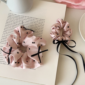 Pink Polka Dot Satin Scrunchie with Bow