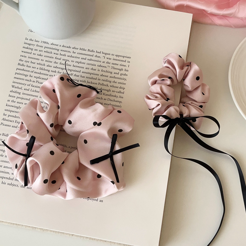 Pink Polka Dot Satin Scrunchie with Bow