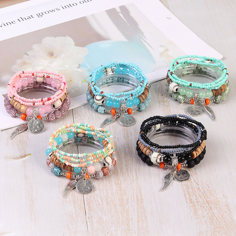 Boho Multi-Layer Beaded Bracelet Set with Turquoise Howlite Accents Stackable Beachy Jewelry