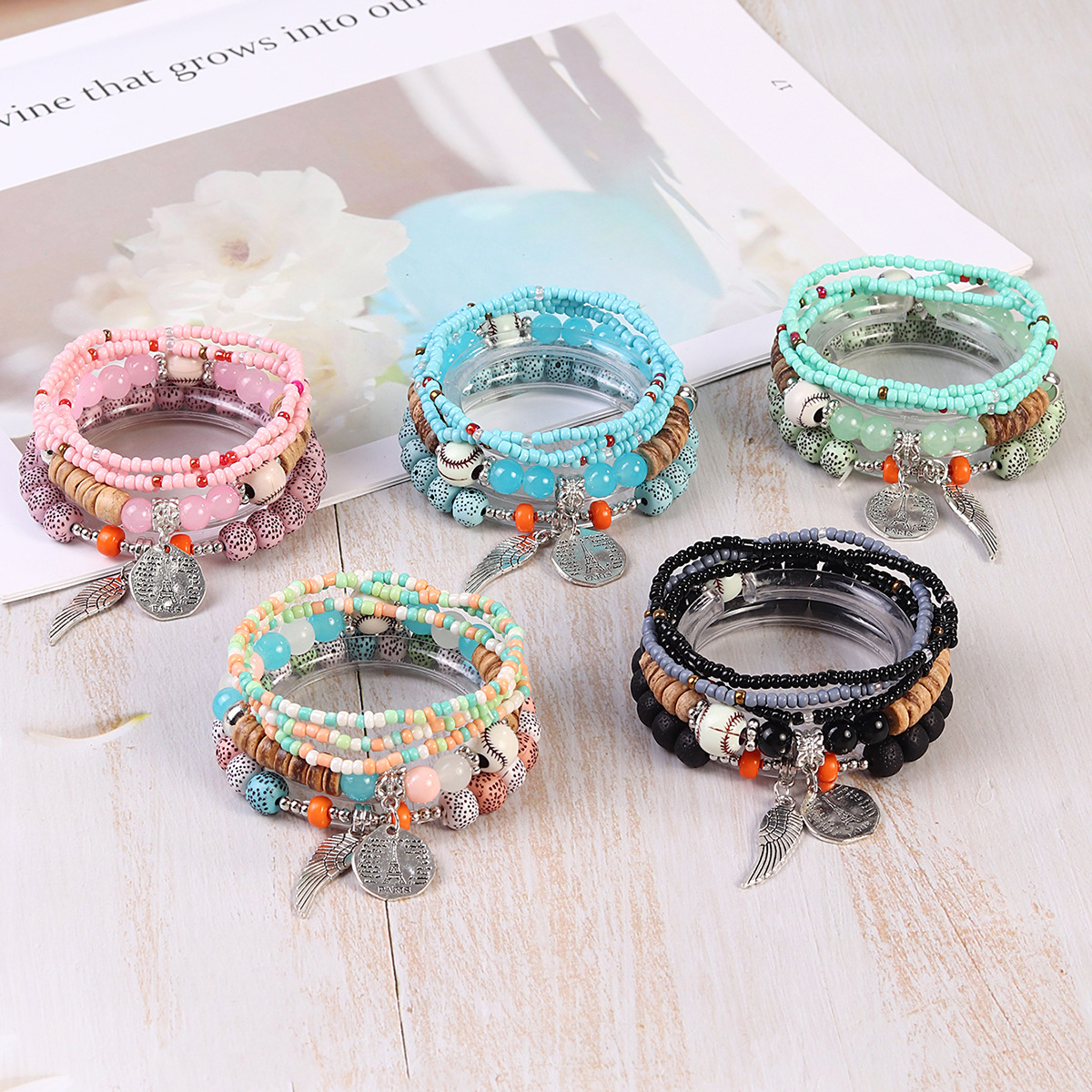 Boho Multi-Layer Beaded Bracelet Set with Turquoise Howlite Accents Stackable Beachy Jewelry