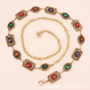 Gold Silver Metal Carved Oval Chain Waist Belt with Rhinestone for Women