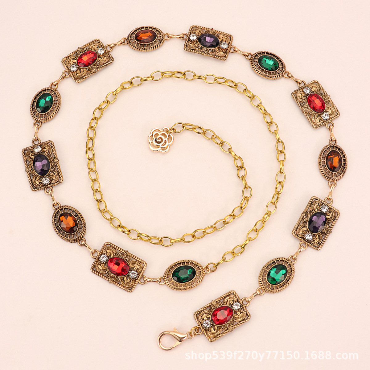 Gold Silver Metal Carved Oval Chain Waist Belt with Rhinestone for Women