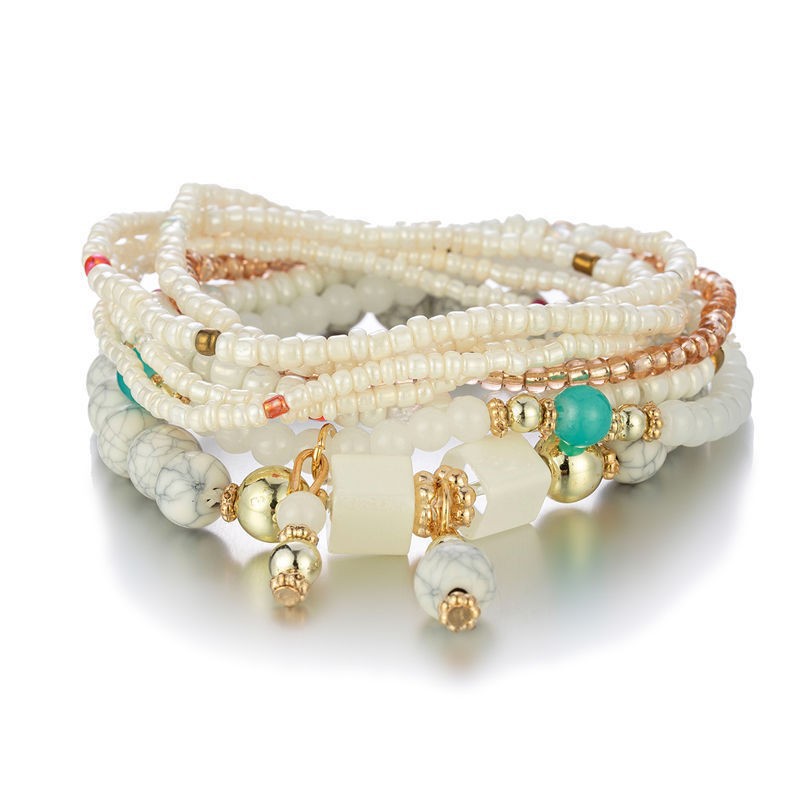Boho Multi-Layer Beaded Bracelet Set with Turquoise Howlite Accents Stackable Beachy Jewelry