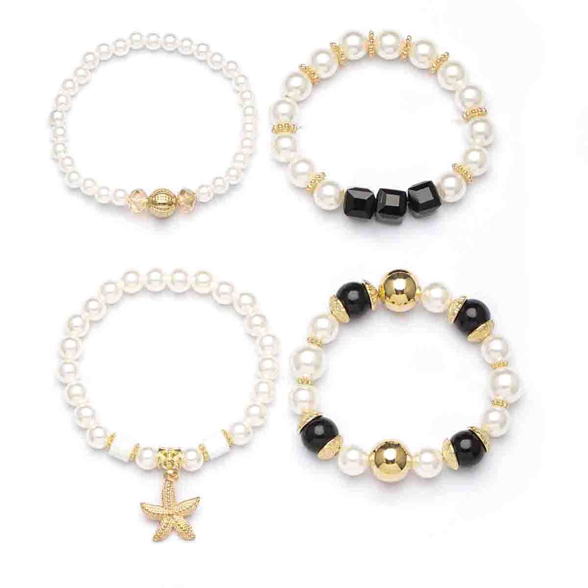 4pcs/Set Boho Pearl & Crystal Beaded Bracelets with Starfish Charm | Beachy Stackable Bracelet Set