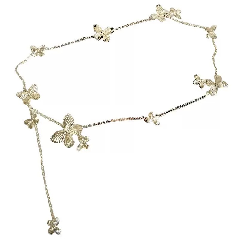 Silver Butterfly Layered Chain Belt - Y2K Aesthetic Adjustable Waist Body Jewelry
