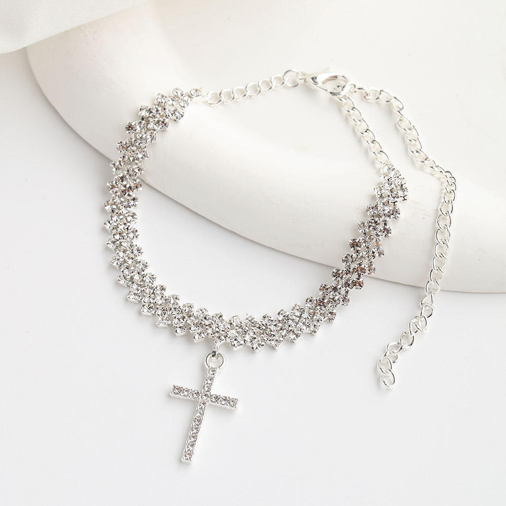 Rhinestone Cross Anklet for Women, Silver Plated Crystal Wave Ankle Bracele