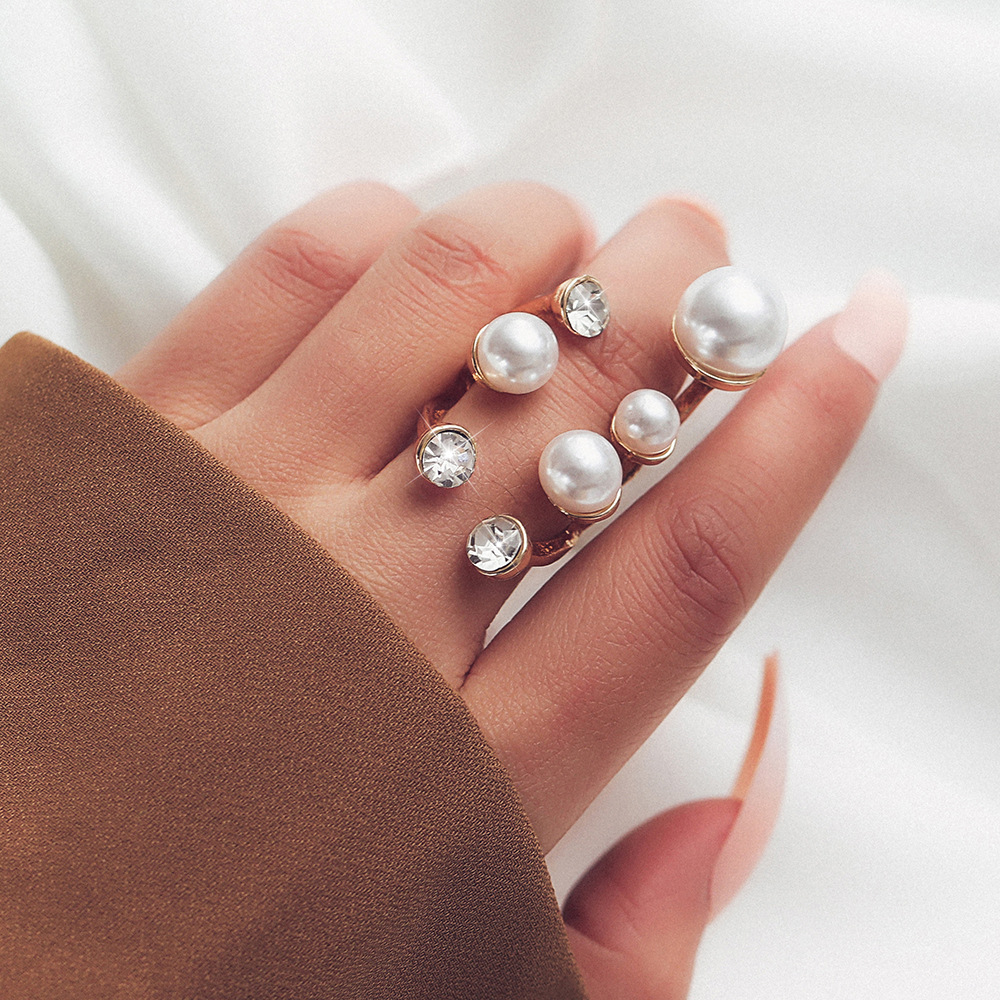Luxury Pearl & Crystal Open Ring for Women – Asymmetric Gradient Pearl Statement Ring, Adjustable Gold Tone Fashion Jewelry
