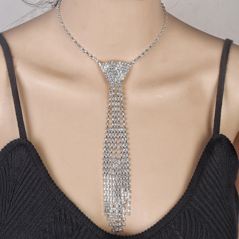 Long Tassel Bow Tie Rhinestone Necklace for Women