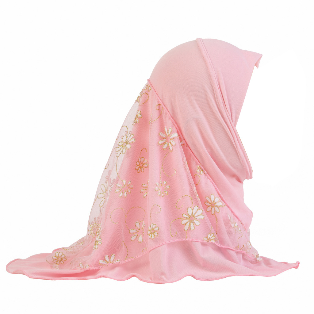 Delicate Gold Floral Mesh Hijab | Pink Modest Islamic Headscarf | Elegant Instant Hijab for Daily Wear