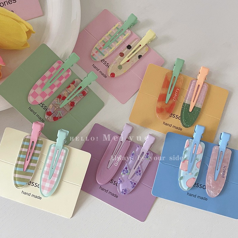 Spring Fruit Print No-Bend Hair Clips Cherry Grape Peach Side Barrettes