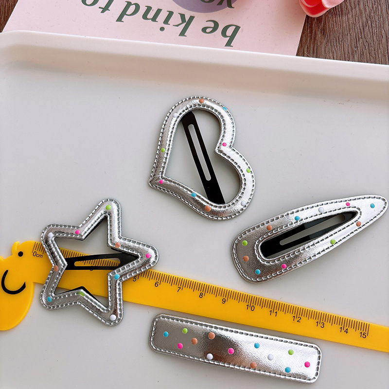 Silver Faux Leather Colorful Dot Hair Clips Star Heart Wave Barrettes