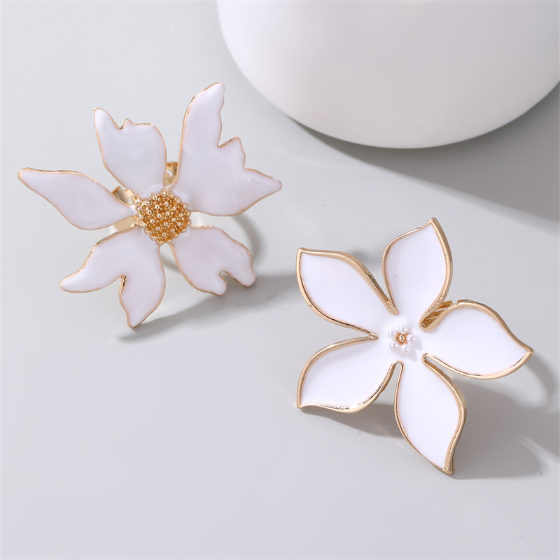 White Enamel Flower Ring for Women, Gold Tone Oversized Floral Statement Ring