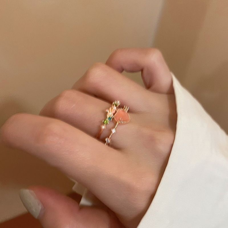 Pink Heart Forest Fairy Ring Set, Retro Sweet Stackable Rings
