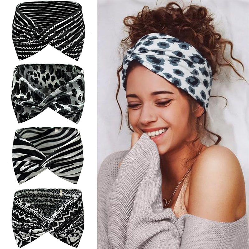 European & American Leopard Print Wide Cross Headband for Women