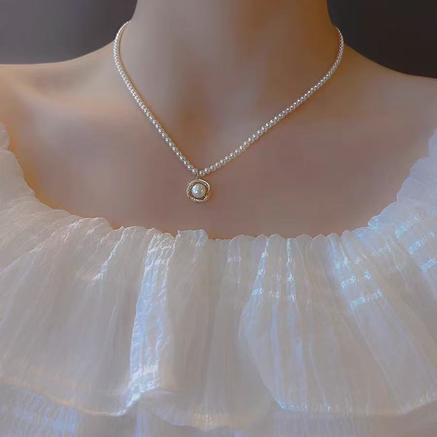 Delicate Pearl Chain Necklace with Circular Pearl Pendant | Dainty Choker for Women
