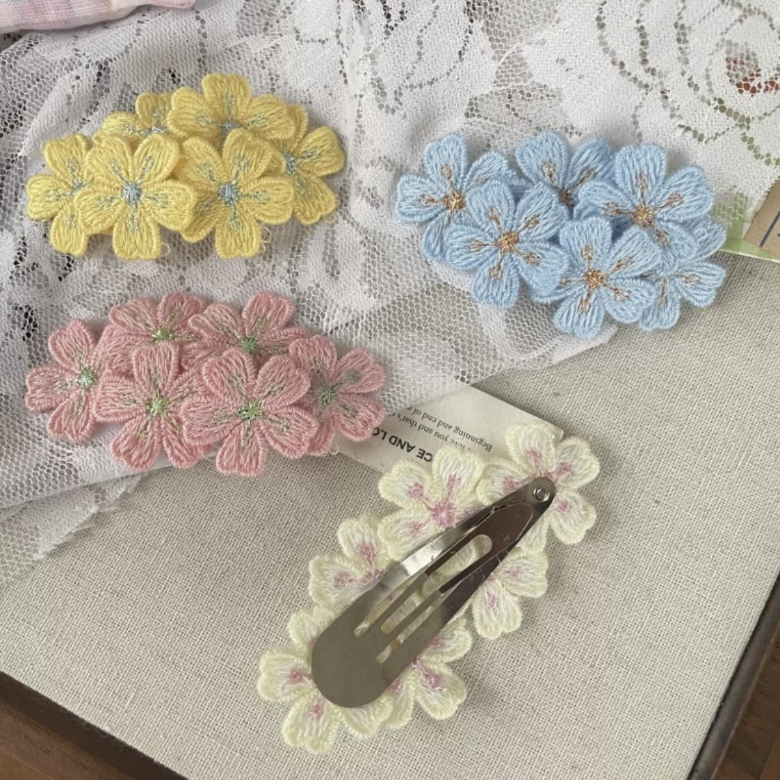 Sweet Pink Cherry Blossom Embroidered Hair Clips