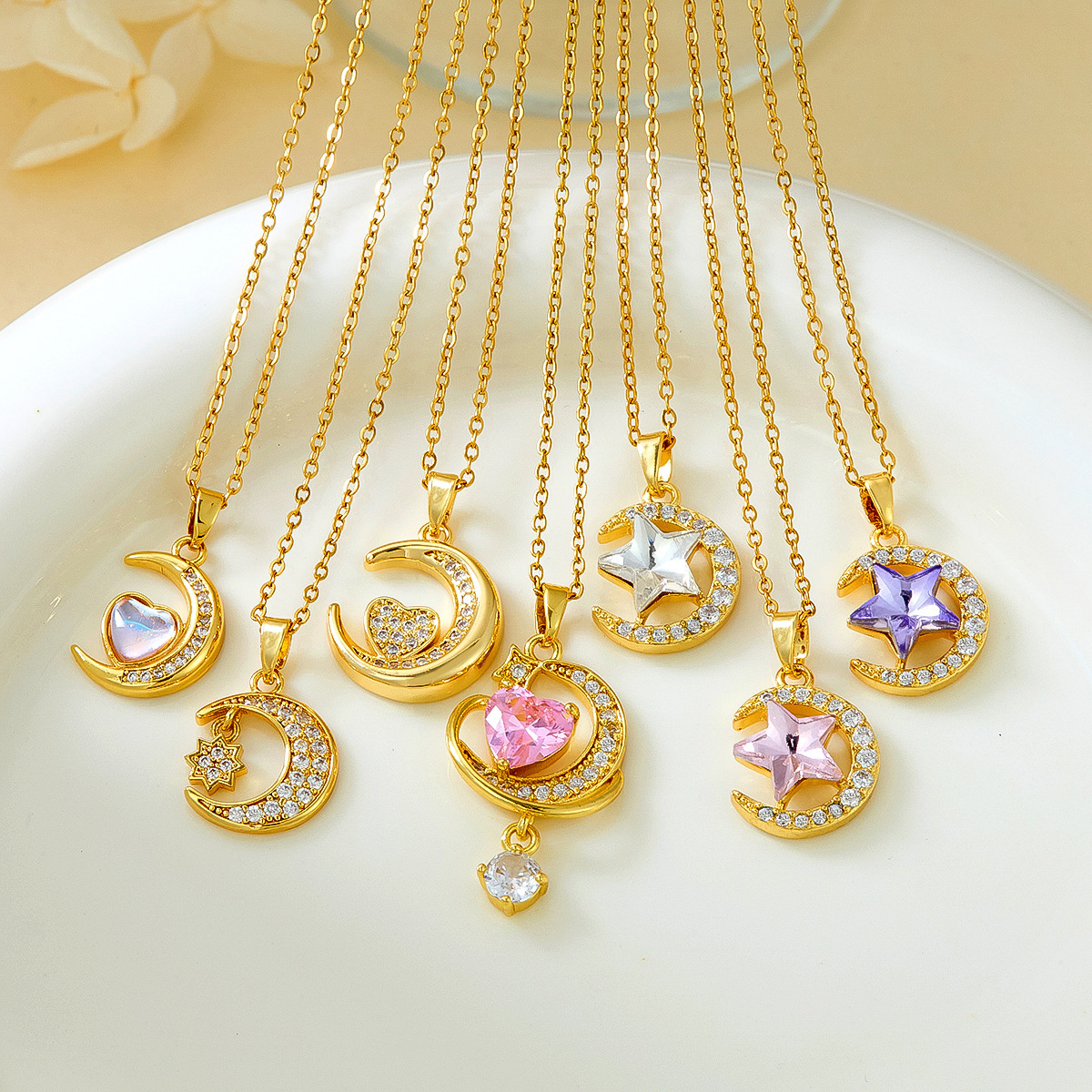 Fashion Gold Plated Moon Star Heart Pendant Necklace, Rhinestone Crescent Celestial Jewelry For Women