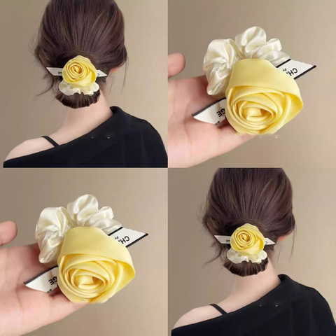 Yellow Satin Flower Scrunchie