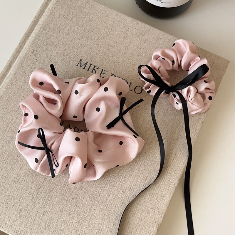 Pink Polka Dot Satin Scrunchie with Bow