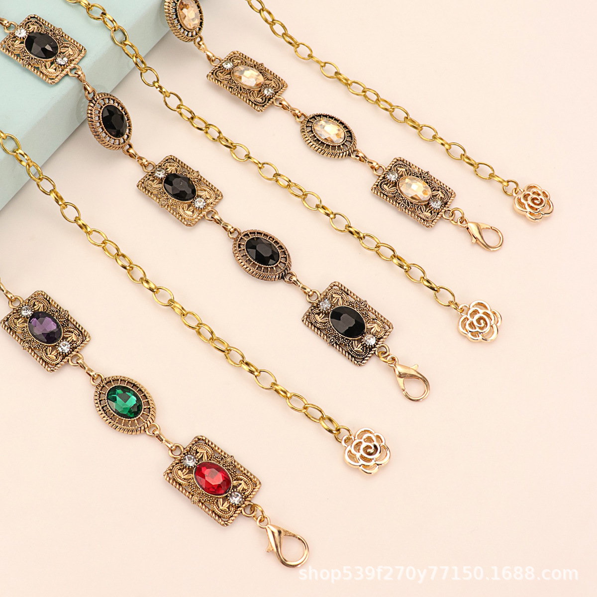Gold Silver Metal Carved Oval Chain Waist Belt with Rhinestone for Women