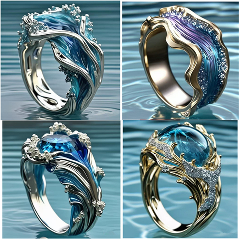 Ocean Wave Enamel Ring Collection – Blue/Purple Crystal Wave Statement Ring for Women Ocean Inspired Jewelry