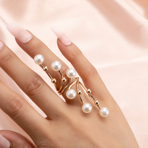 Luxury Pearl & Crystal Open Ring for Women – Asymmetric Gradient Pearl Statement Ring, Adjustable Gold Tone Fashion Jewelry