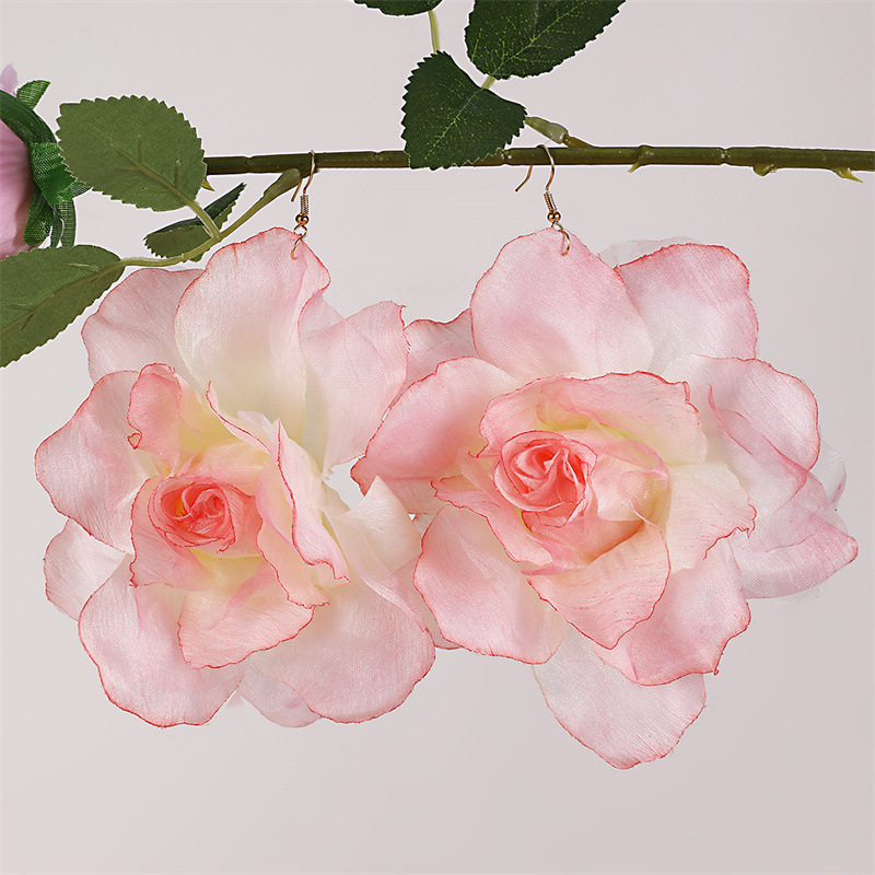 Oversized Chiffon Rose Flower Earrings for Women