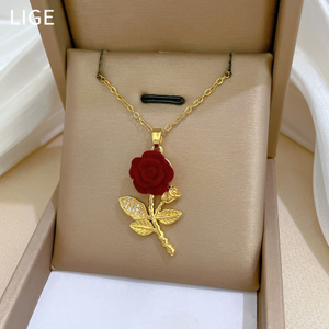 Luxury Full Diamond Rose Stainless Steel Necklace