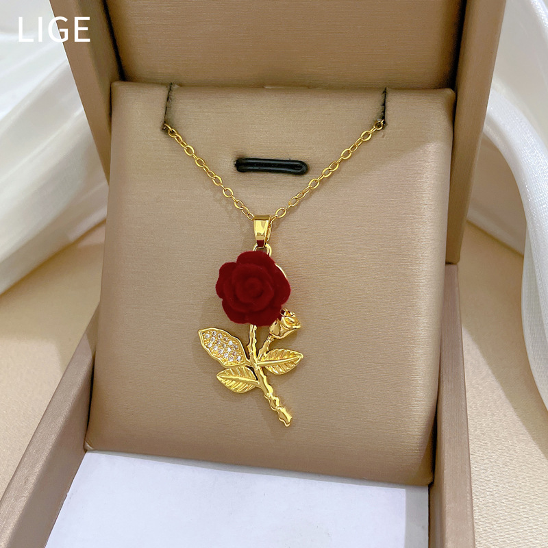Luxury Full Diamond Rose Stainless Steel Necklace