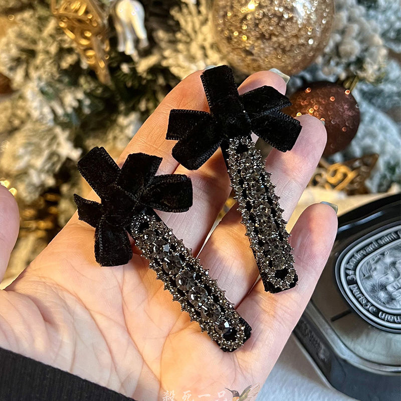 Black Velvet Rhinestone Bow Hair Clips Luxury Sparkle Side Barrettes