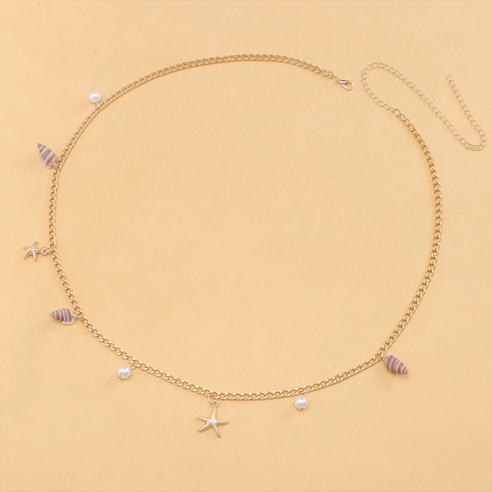 Seashell Starfish Pearl Chain Belt - Beach Boho Adjustable Waist Jewelry