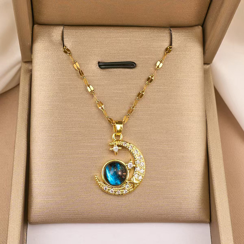 Fashion Moon Star Planet Pendant Necklace Blue Galaxy Stone Rhinestone Crescent Couple Jewelry For Women