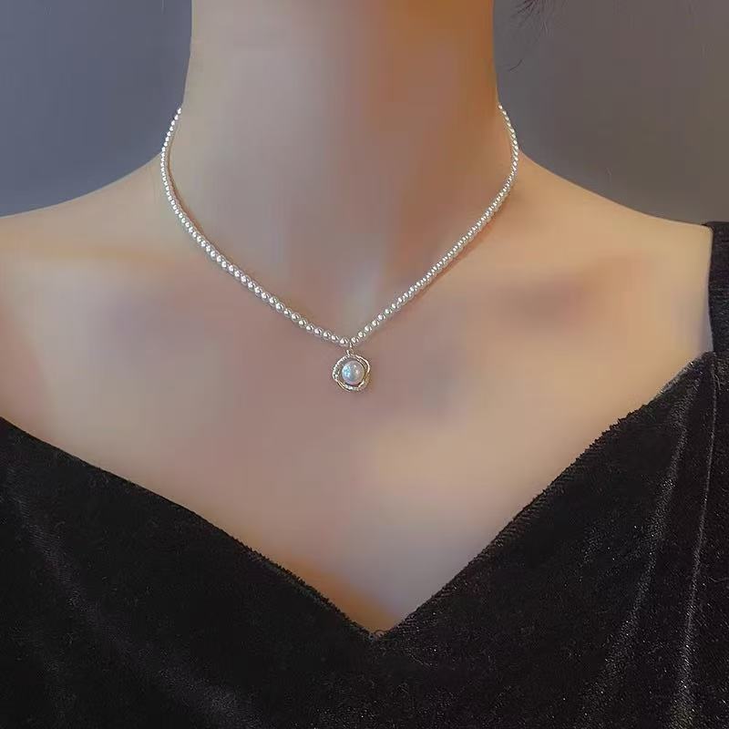 Delicate Pearl Chain Necklace with Circular Pearl Pendant | Dainty Choker for Women