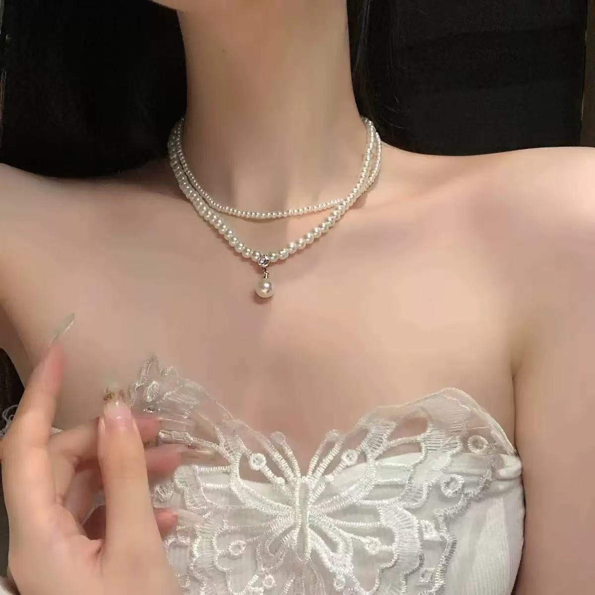 Vintage-Inspired Double Pearl Chain Necklace | Timeless Pearl Drop Accessory