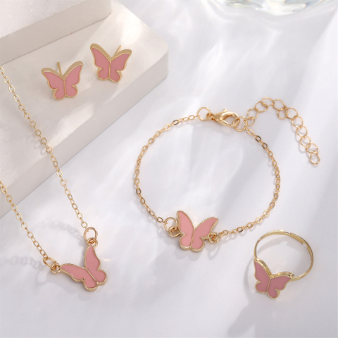 Korean Style Pink Enamel Butterfly Jewelry Set