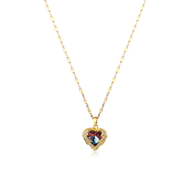 Titanium Steel Colorful Blue Heart Wing Necklace