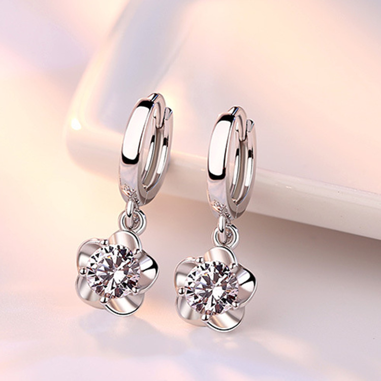 Sparkling Floral Hoop Earrings | Purple CZ Flower Drop Earrings | Romantic Bridal Jewelry