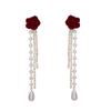 Velvet Camellia Pearl Tassel Earrings