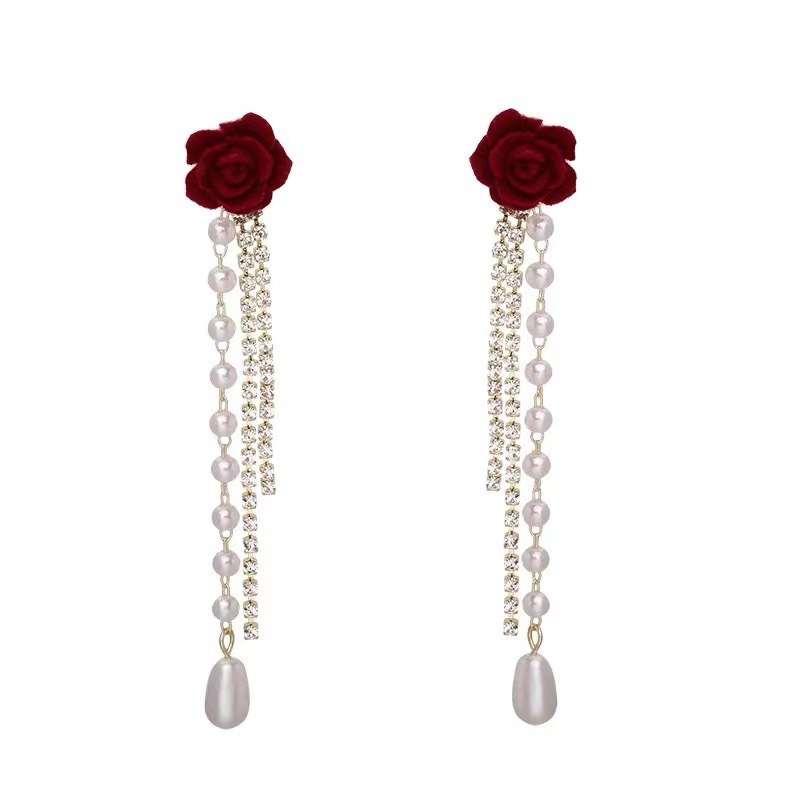 Velvet Camellia Pearl Tassel Earrings