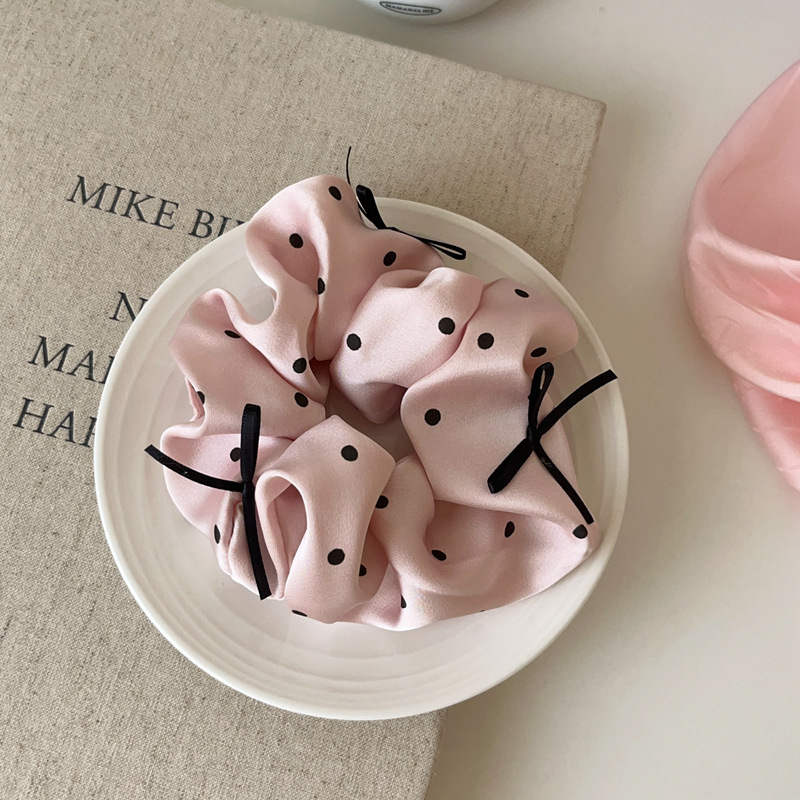 Pink Polka Dot Satin Scrunchie with Bow