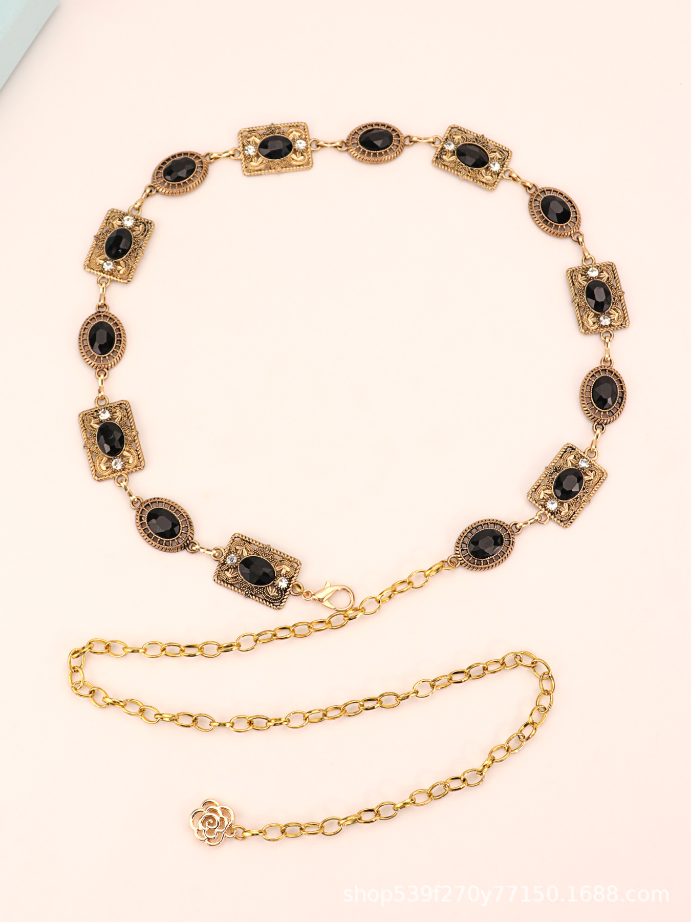 Gold Silver Metal Carved Oval Chain Waist Belt with Rhinestone for Women