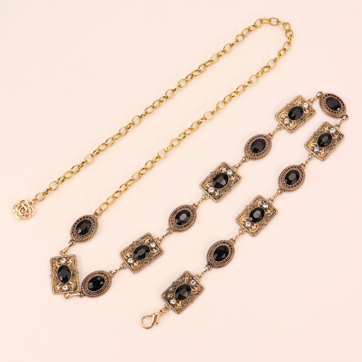 Gold Silver Metal Carved Oval Chain Waist Belt with Rhinestone for Women