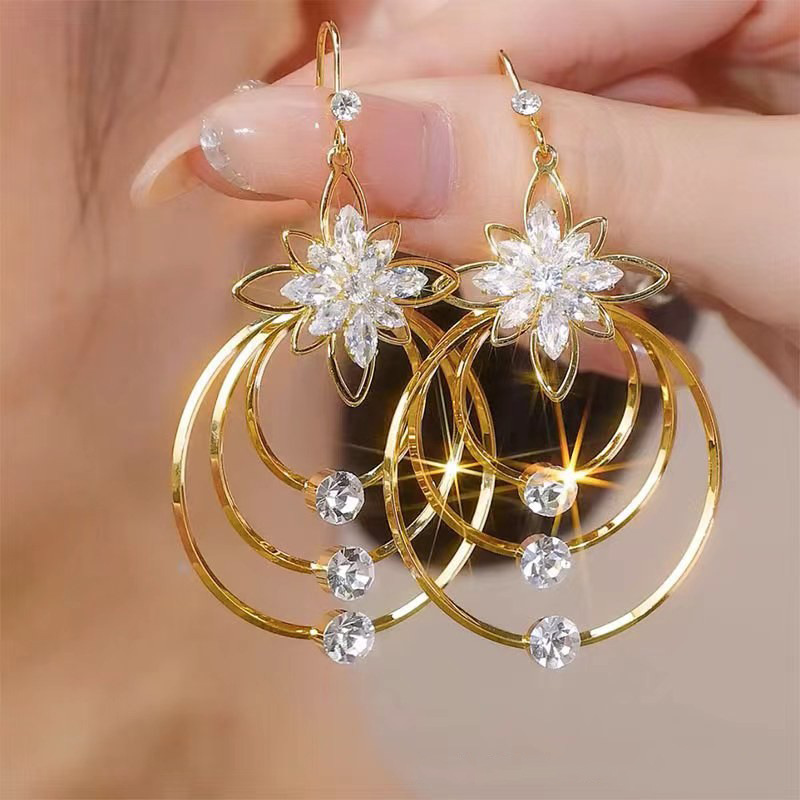 New Five-Petal Flower Tassel Zircon Earrings