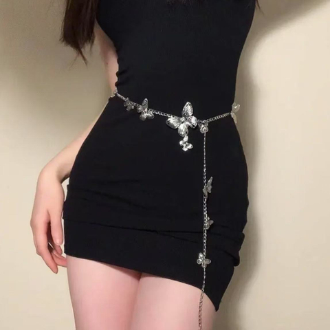 Silver Butterfly Layered Chain Belt - Y2K Aesthetic Adjustable Waist Body Jewelry