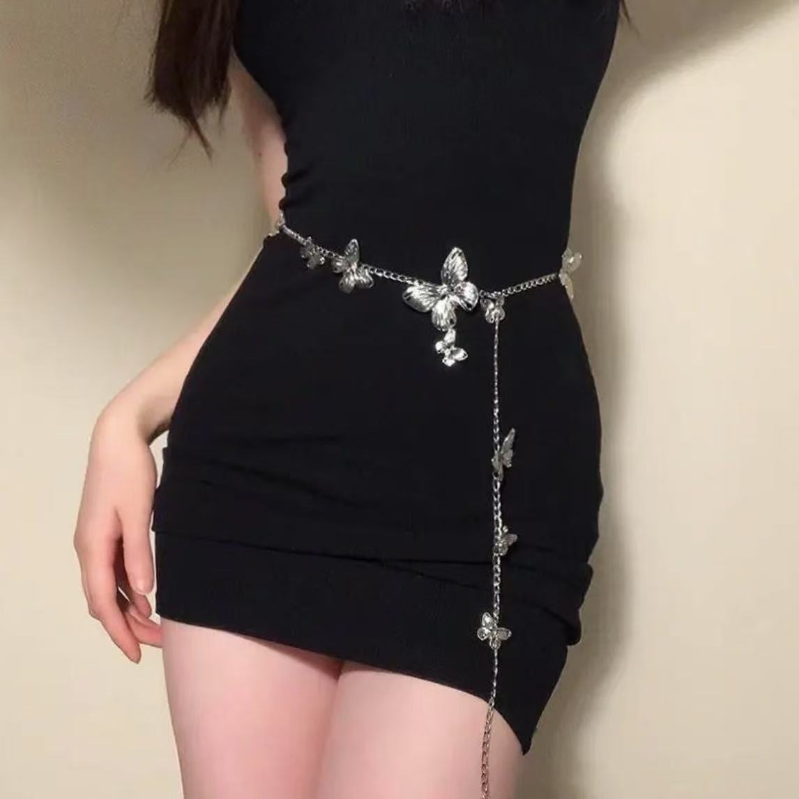 Silver Butterfly Layered Chain Belt - Y2K Aesthetic Adjustable Waist Body Jewelry
