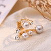 Luxury Pearl & Crystal Open Ring for Women – Asymmetric Gradient Pearl Statement Ring, Adjustable Gold Tone Fashion Jewelry