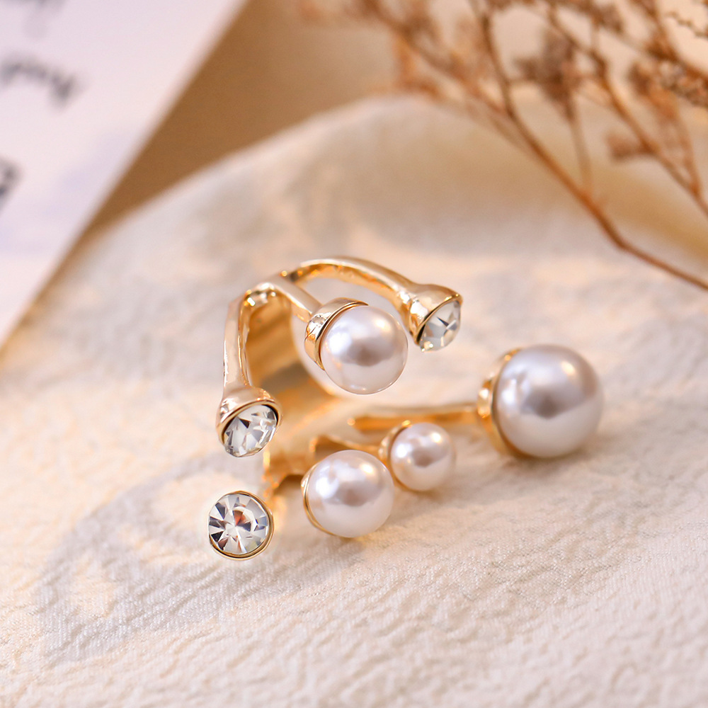 Luxury Pearl & Crystal Open Ring for Women – Asymmetric Gradient Pearl Statement Ring, Adjustable Gold Tone Fashion Jewelry